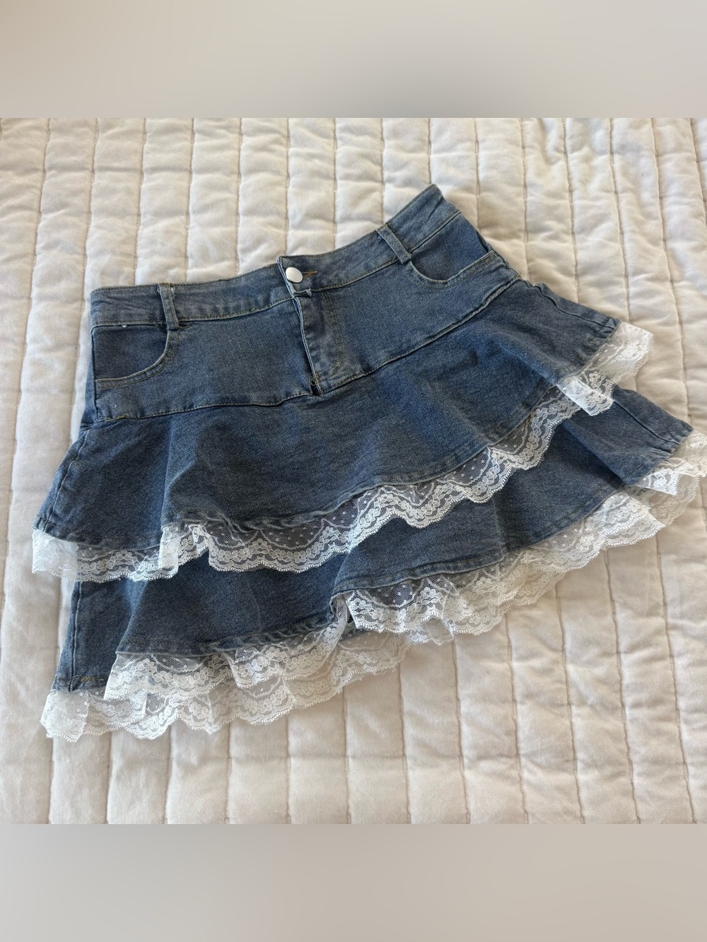Y2K coquette Fairycore ballet festival  tiered ruffle denim mini skirt with lace